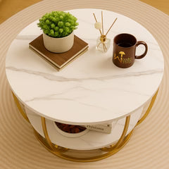 Metal Twist Round Coffee Table with Marble Top Like Finish Stylish 2-Tier Design