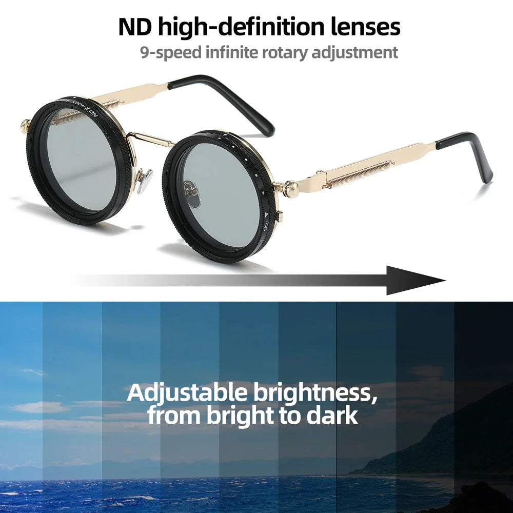 Metal Twist - Retro Round Steampunk ND Dimming Sunglasses