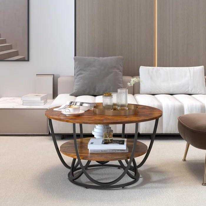 Metal Twist Round Coffee Table with Marble Top Like Finish Stylish 2-Tier Design