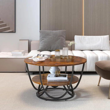 Metal Twist Round Coffee Table with Marble Top Like Finish Stylish 2-Tier Design