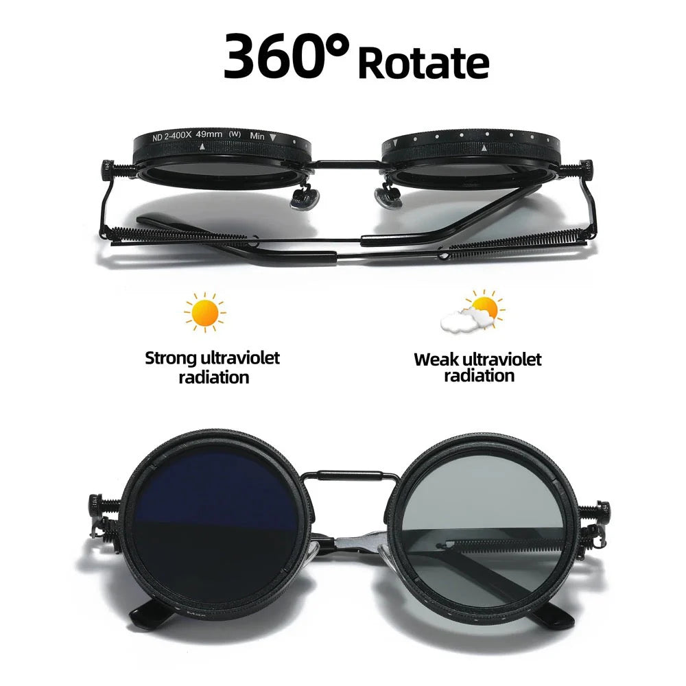 Metal Twist - Retro Round Steampunk ND Dimming Sunglasses