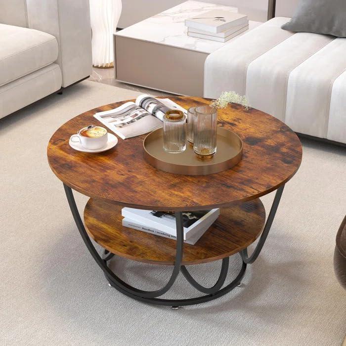 Metal Twist Round Coffee Table with Marble Top Like Finish Stylish 2-Tier Design